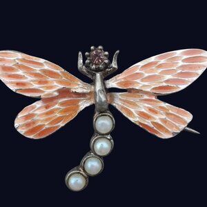Gerard Yosca Brooch Figural  Vintage Enamel Dragonfly in Silver, Orange + White